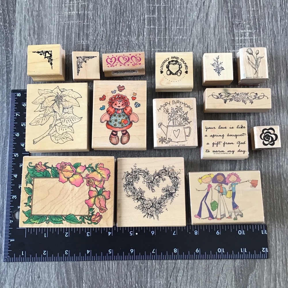 Flowers & Heart Theme Bundle of 15 Mounted Rubber Stamps